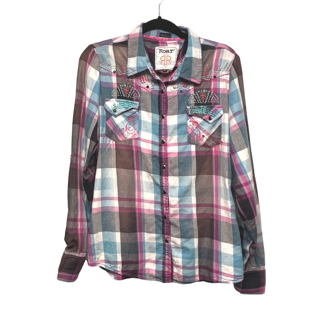 Roar Destined to Totem Western Plaid Shirt Pink Blue Embroidered Studded XL